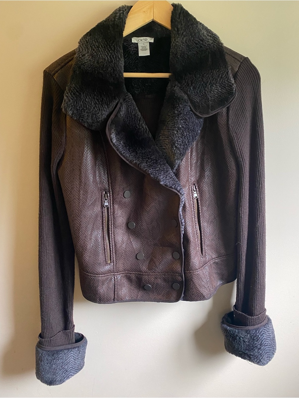 Cache Brown Snakeskin Print Knit Jacket Faux Fur Trim